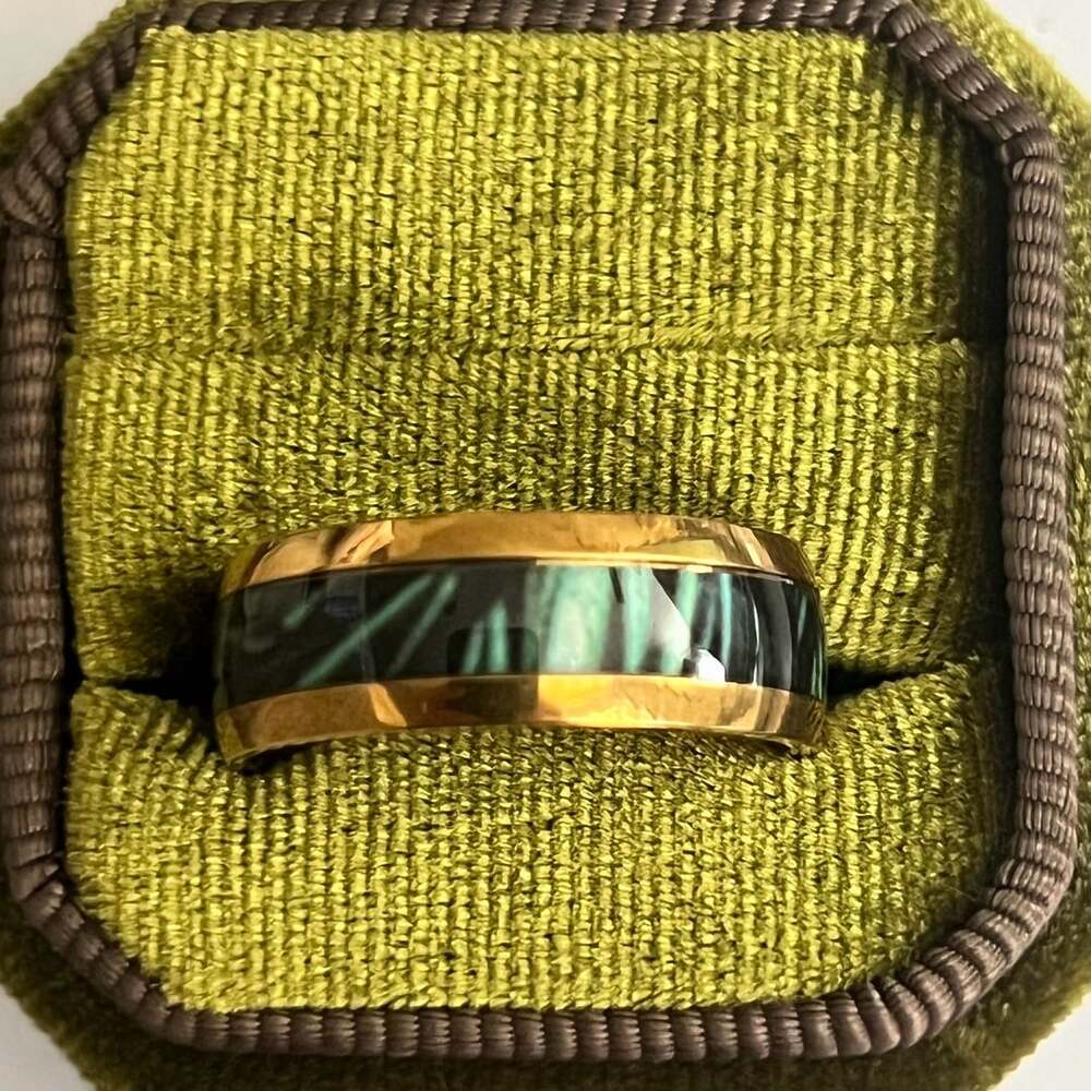 Tungsten Titanium Steel Green Abalone Inlay Gold High Polished Finish 8mm Ring S